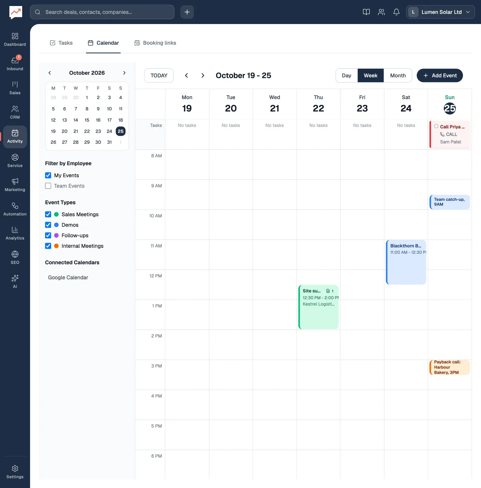 The Calendar tab in the Week view for 19 to 25 October, from 8 AM: the Tasks row shows Call Priya about the proposal on Sunday 25, with Site survey: Kestrel Logistics on Thursday at 12:30, the Blackthorn Brewery roof survey on Saturday at 11:00, and Team catch-up at 9:30 and Payback call: Harbour Bakery at 3 PM on Sunday. On the left are the small October calendar and Connected Calendars, listing Google Calendar.