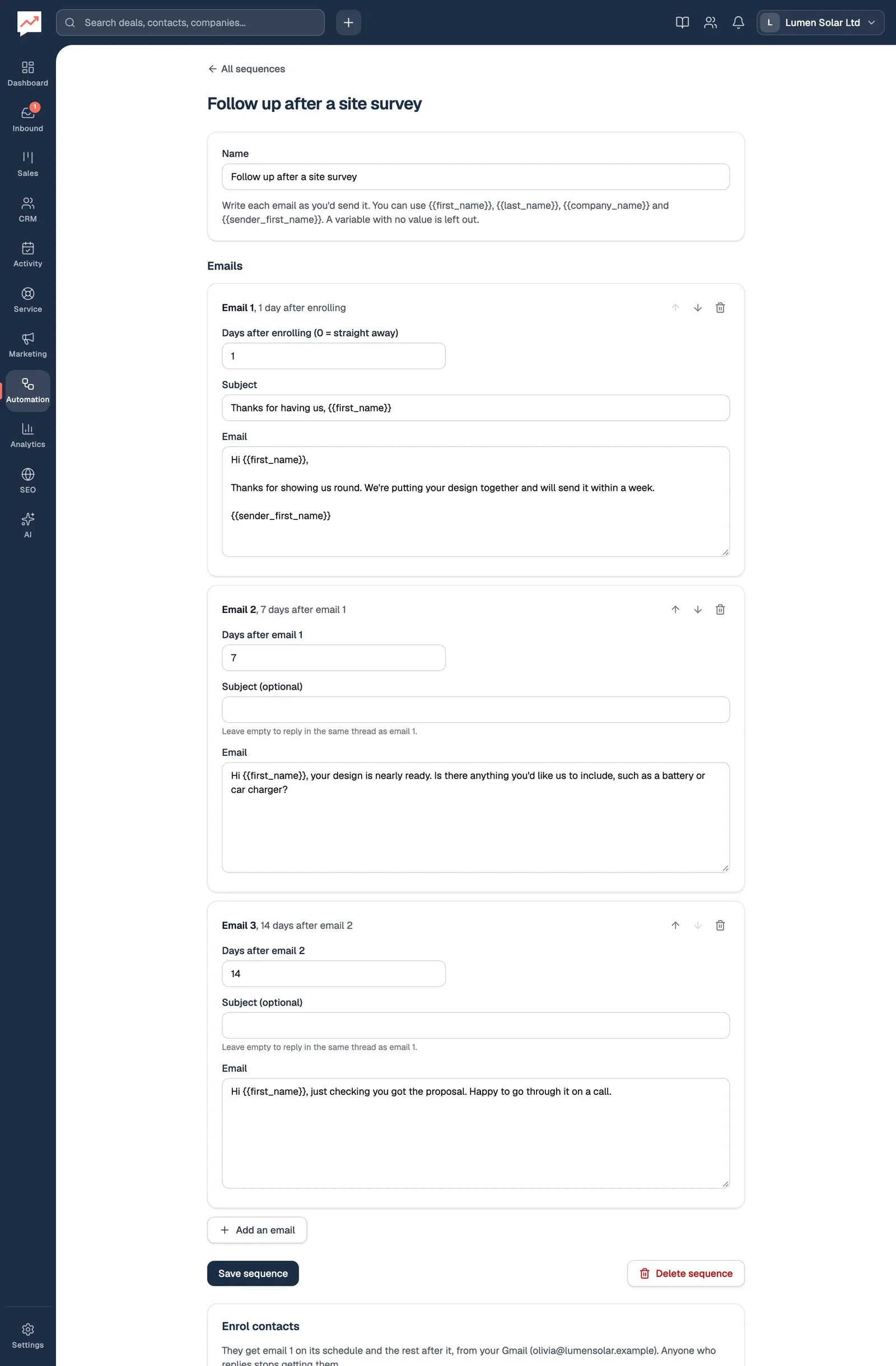 The sequence Follow up after a site survey: its name, then Email 1, 1 day after enrolling, with a subject and text greeting the contact by first name, Email 2, 7 days after email 1, and Email 3, 14 days after email 2, both with an empty subject. Below are Add an email, Save sequence and Delete sequence buttons.