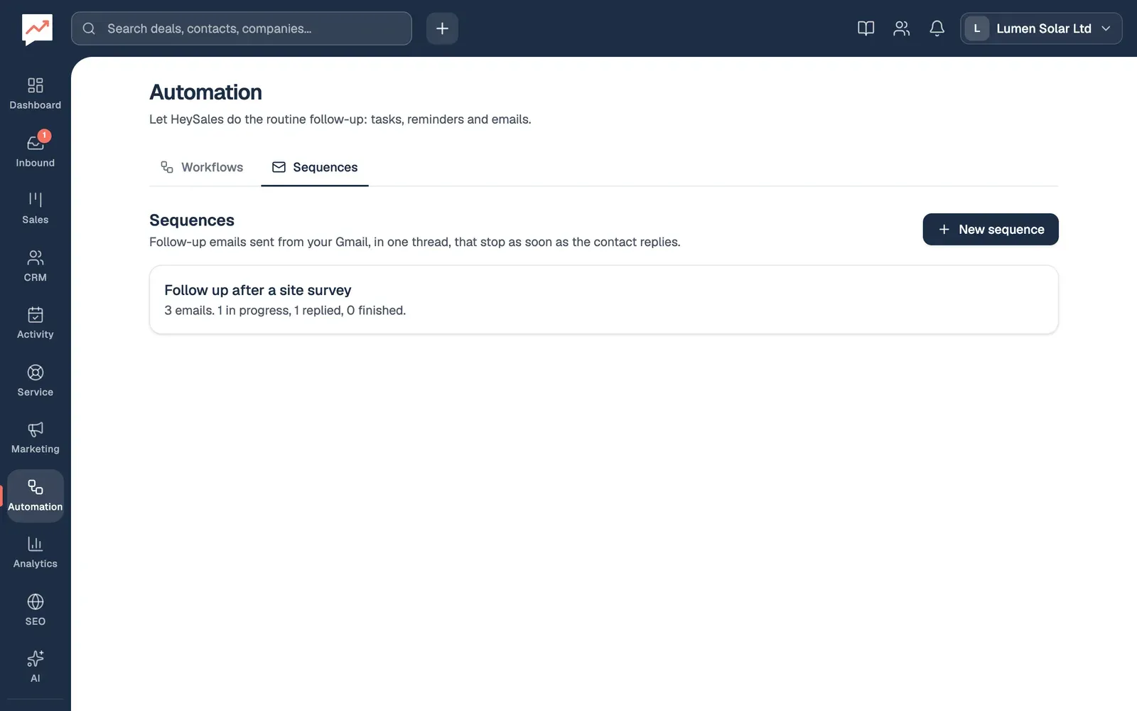 The Sequences tab: a New sequence button and one sequence, Follow up after a site survey: 3 emails, 1 in progress, 1 replied, 0 finished.