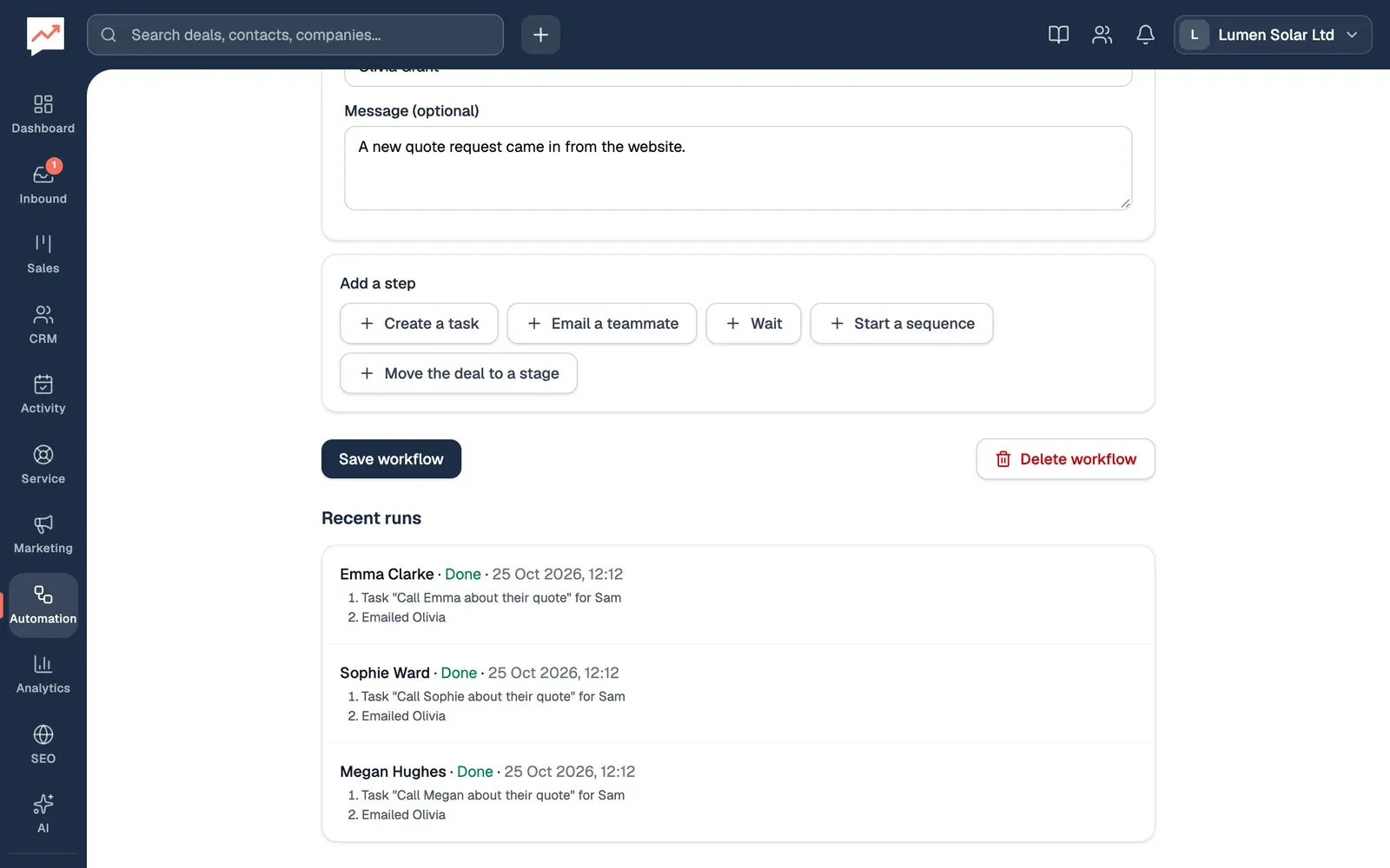Recent runs of New quote request: call within a day: three runs, for Emma Clarke, Sophie Ward and Megan Hughes, all Done, each with a line for the task it created for Sam and one for the email it sent to Olivia.
