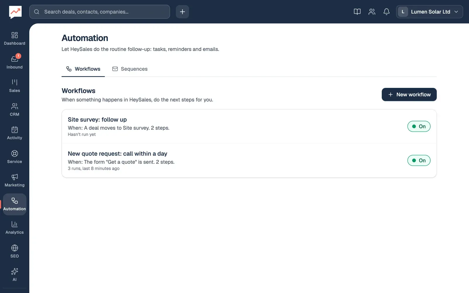 The Workflows tab: a New workflow button and two workflows, both switched on. Site survey: follow up runs when a deal moves to Site survey, and hasn't run yet. New quote request: call within a day runs when the form Get a quote is sent, and has run 3 times.