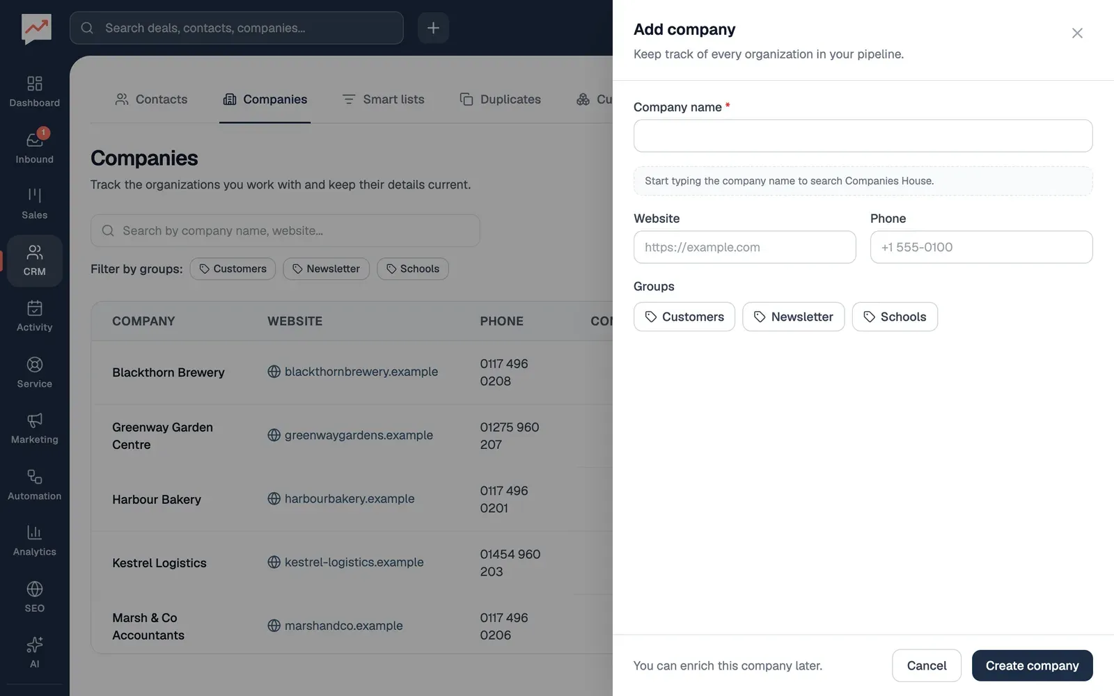 The Add company panel: an empty Company name box marked as required, a note saying to start typing the company name to search Companies House, then Website and Phone, the groups Customers, Newsletter and Schools to choose from, and Cancel and Create company at the bottom.