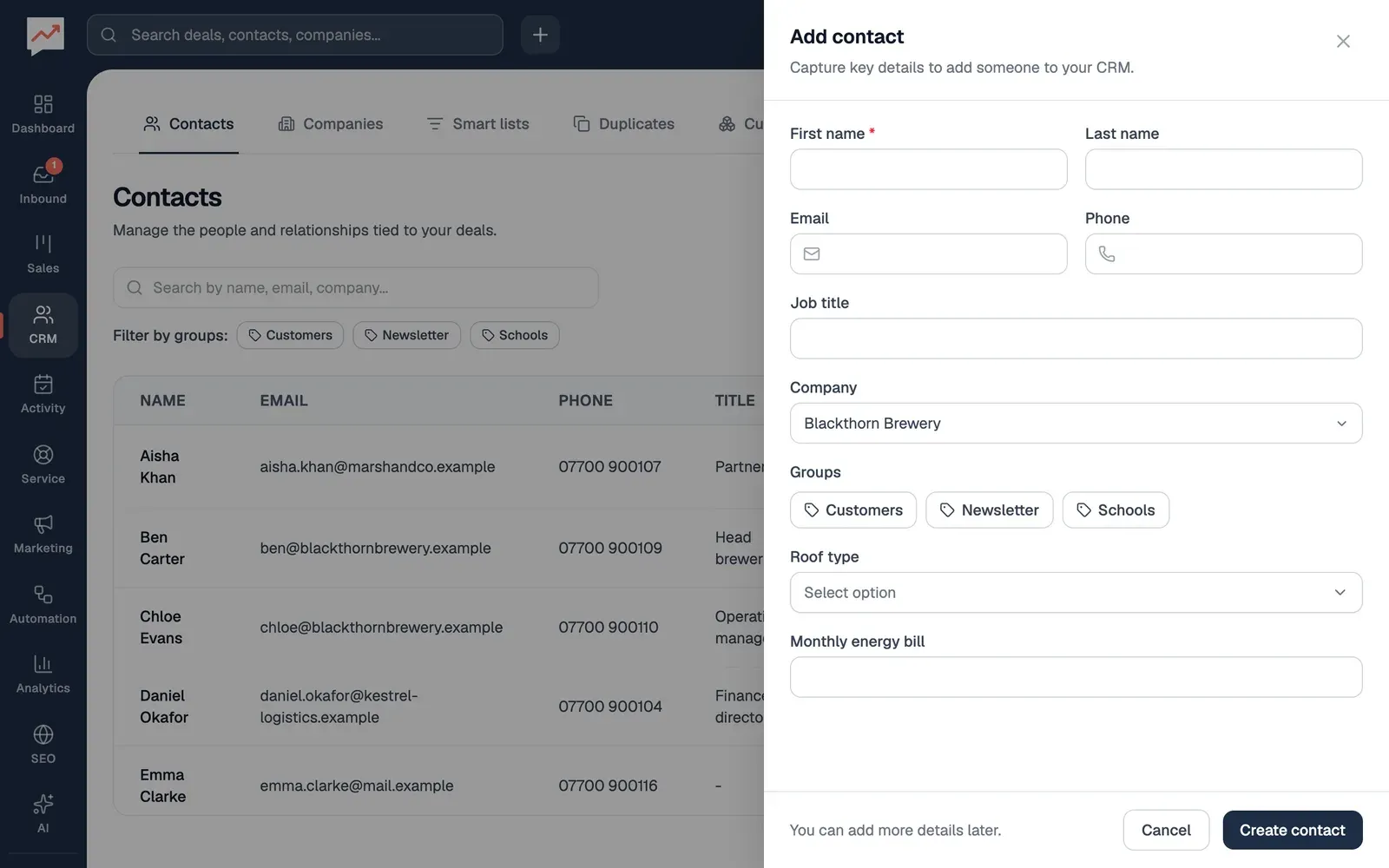 The Add contact panel: boxes for First name (marked as required), Last name, Email, Phone and Job title, Company set to Blackthorn Brewery, the groups Customers, Newsletter and Schools to choose from, and the custom fields Roof type and Monthly energy bill. Cancel and Create contact are at the bottom.