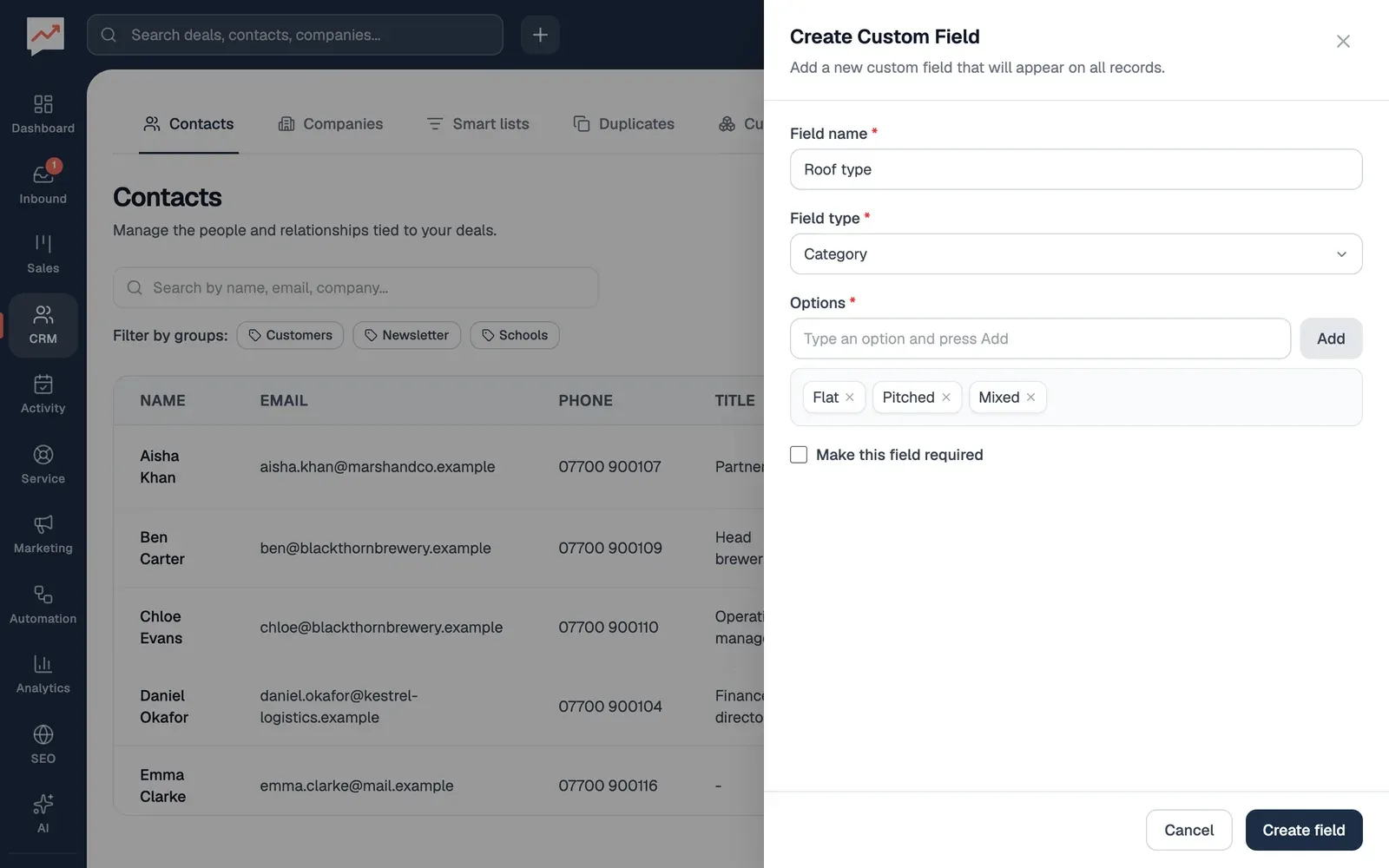 The Create Custom Field panel: Field name Roof type, Field type Category, and the options Flat, Pitched and Mixed, each with a button to remove it. Make this field required isn't ticked. Cancel and Create field are at the bottom.