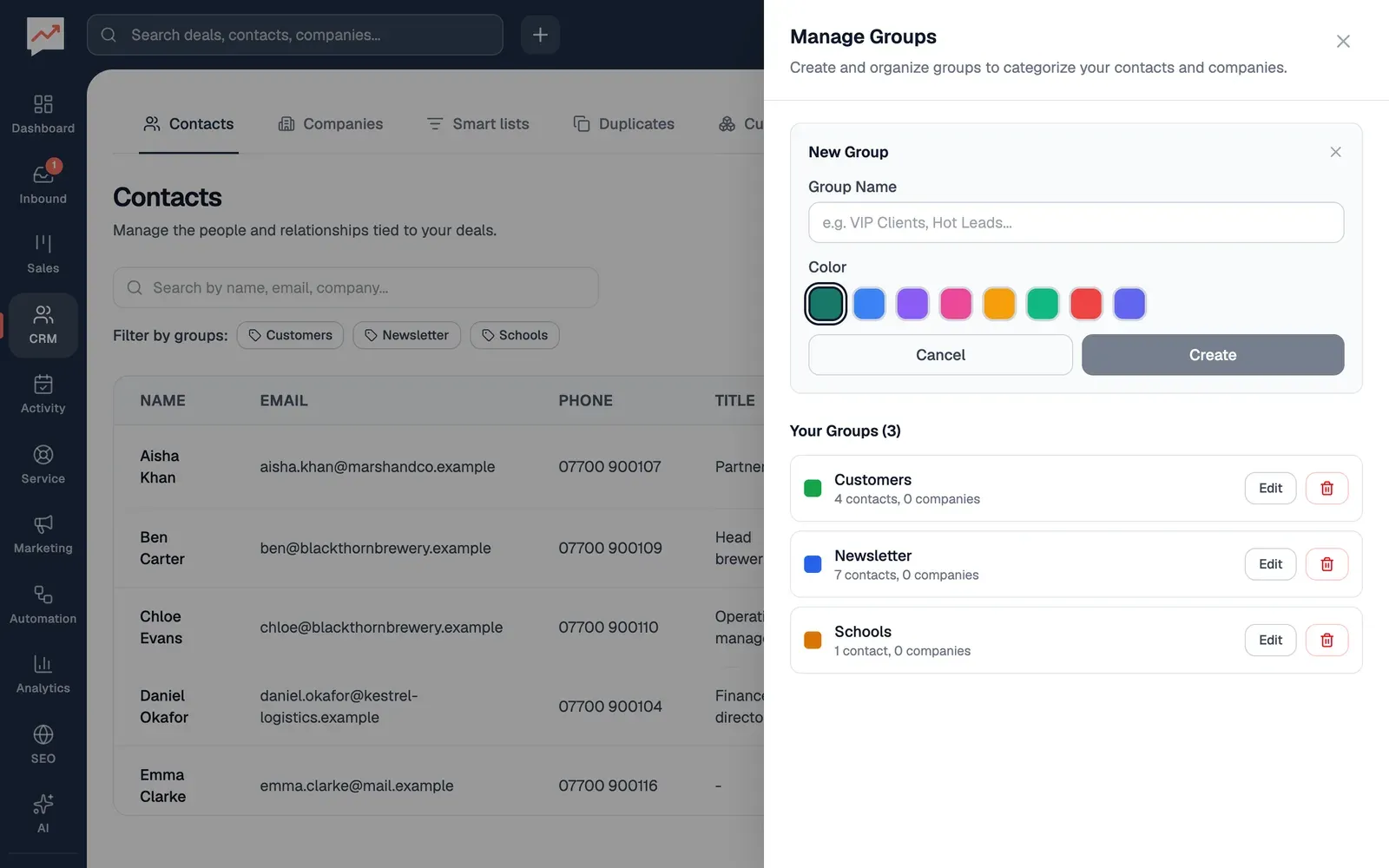 The Manage Groups panel with the New Group form open: an empty Group Name box, eight colours with the first one chosen, and Cancel and Create buttons. Below the form, Your Groups (3) lists Customers with 4 contacts, Newsletter with 7 and Schools with 1, none with companies, each with Edit and a bin button.