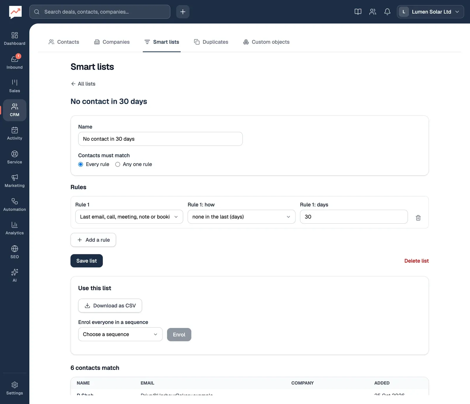 The No contact in 30 days list: its Name, Contacts must match set to Every rule, and one rule, Last email, call, meeting, note or booking, none in the last (days), 30. Below are Add a rule, Save list and Delete list, a Use this list box with Download as CSV and Enrol everyone in a sequence, and the heading 6 contacts match above a table that starts with P Shah.