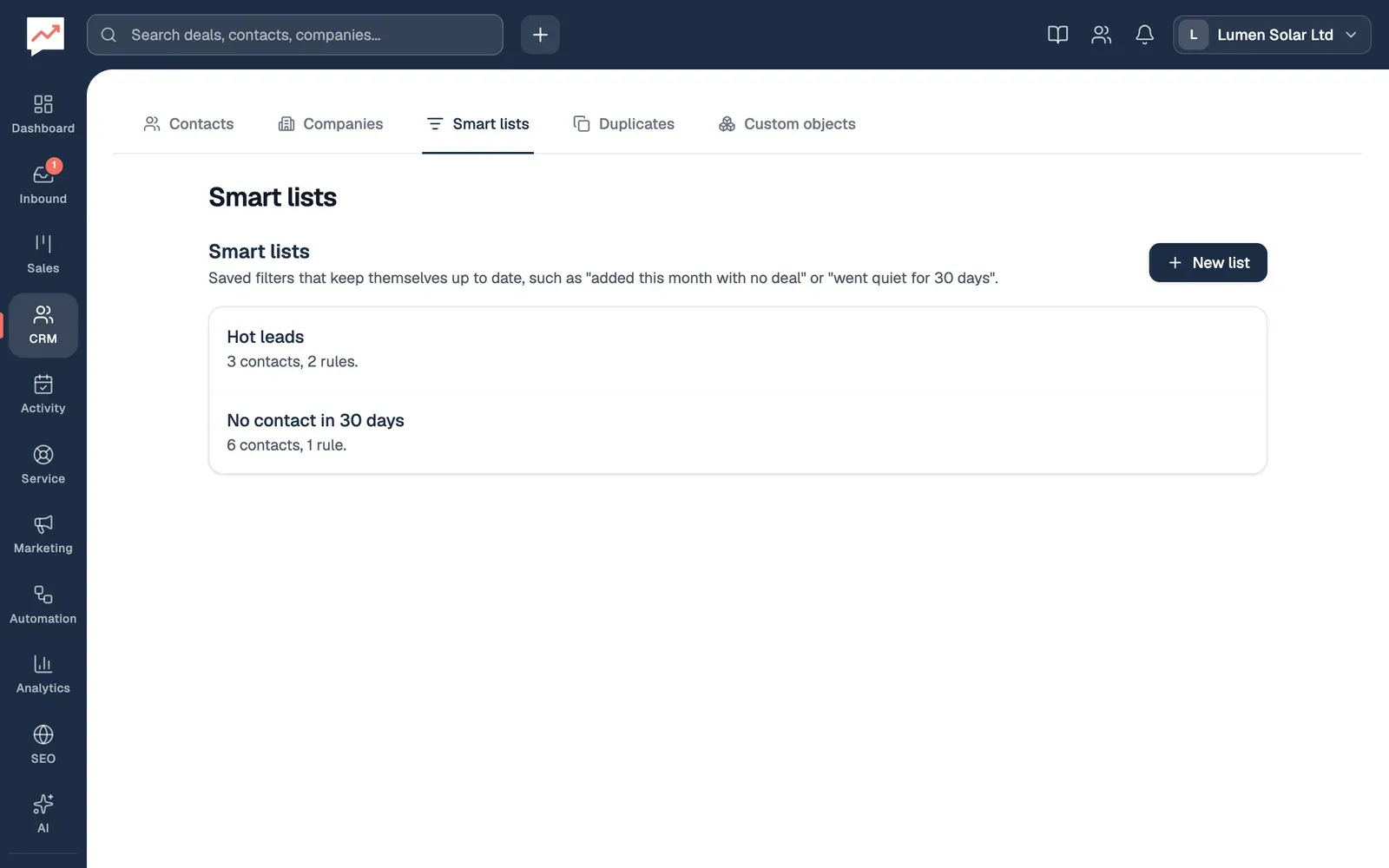 The Smart lists tab: a New list button, and two lists, Hot leads with 3 contacts and 2 rules, and No contact in 30 days with 6 contacts and 1 rule.