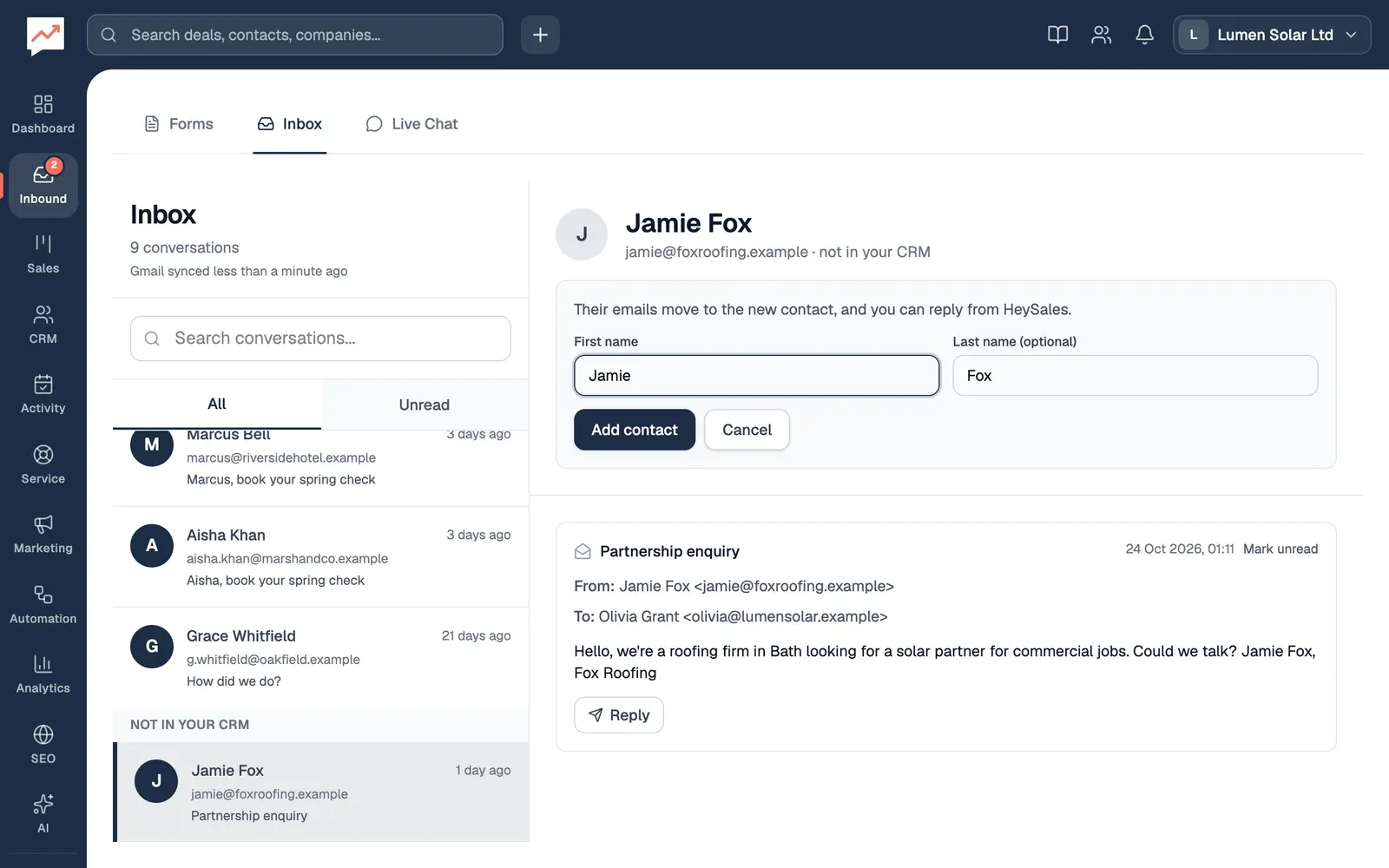 Jamie Fox is open from Not in your CRM, marked not in your CRM, with the Add as contact form showing First name Jamie and Last name Fox, filled in from his email, and Add contact and Cancel buttons. His email about a partnership is below.