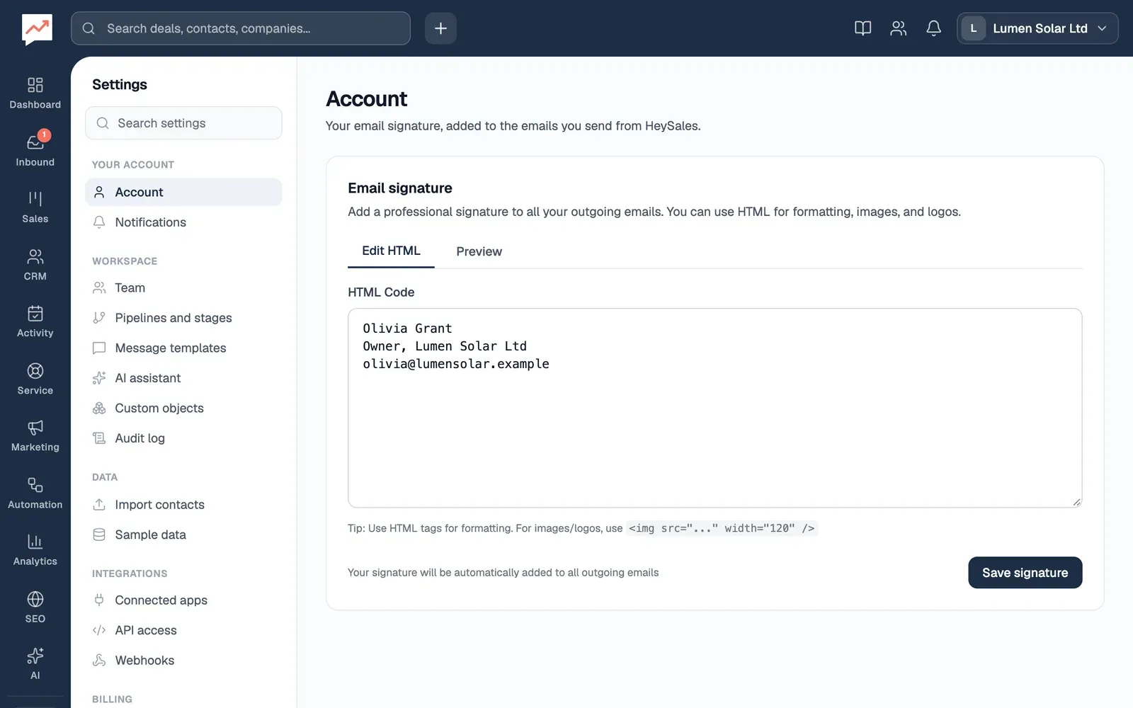The Account settings page on Edit HTML, with Olivia's signature on three lines in the HTML Code box: Olivia Grant; Owner, Lumen Solar Ltd; and olivia@lumensolar.example. Next to Edit HTML is the Preview tab, and Save signature is below the box.
