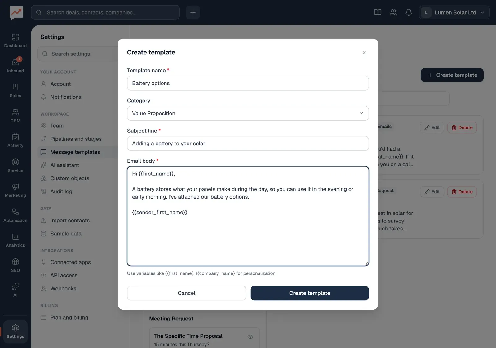 The Create template window: Template name Battery options, Category Value Proposition, Subject line Adding a battery to your solar, and an Email body that greets the contact with the first name merge field and signs off with the sender's, with Cancel and Create template buttons.