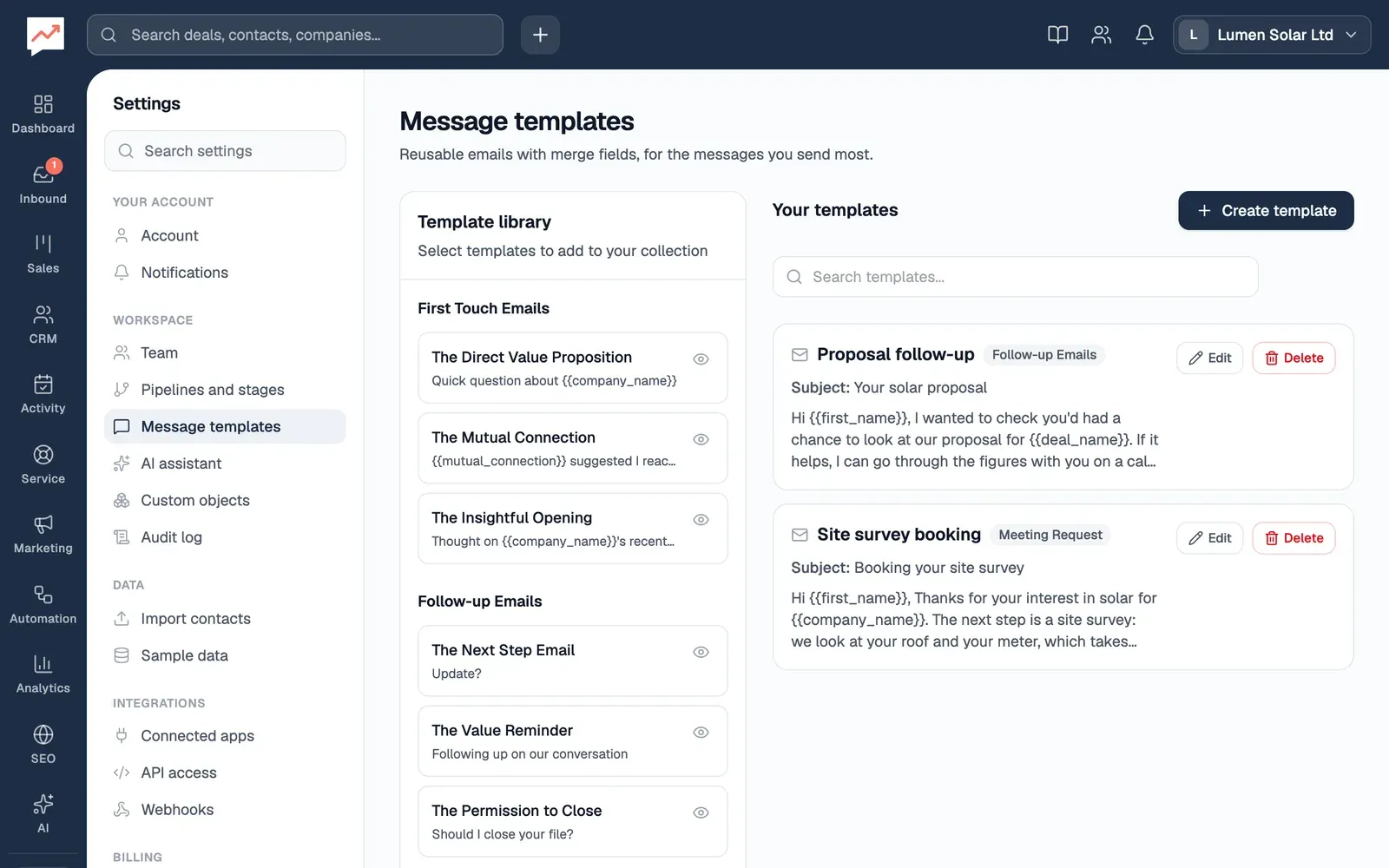 The Message templates page. On the left, the Template library with ready-made emails grouped under First Touch Emails, Follow-up Emails and more. On the right, Your templates, with a search box and two templates, Proposal follow-up and Site survey booking, each with Edit and Delete buttons.