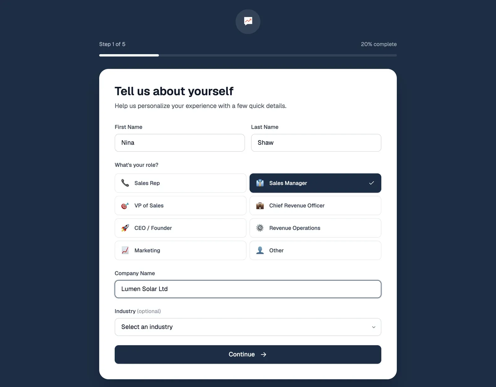 Step 1 of 5, Tell us about yourself, with First Name Nina and Last Name Shaw filled in, and eight role buttons under What's your role?, from Sales Rep to Other, with Sales Manager chosen. Company Name says Lumen Solar Ltd, Industry (optional) says Select an industry, and Continue is at the bottom.