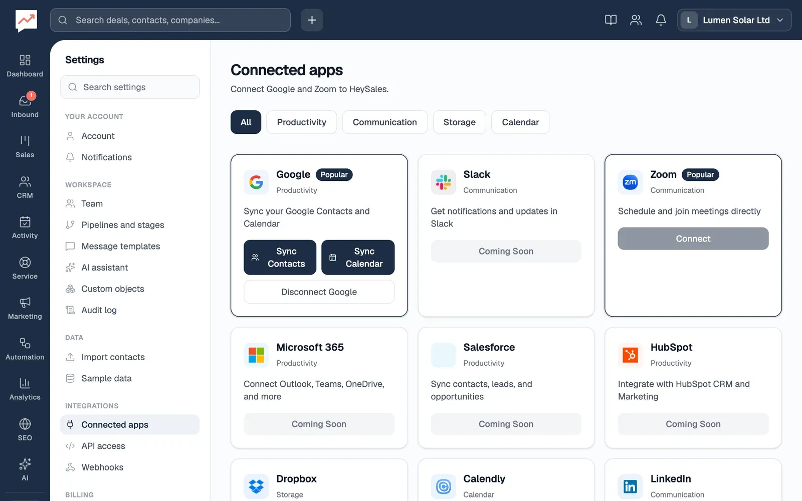 Settings, Connected apps, for Olivia, whose Google account is connected: the Google card has Sync Contacts and Sync Calendar buttons, with a Disconnect Google button under them. Two cards along, past Slack, the Zoom card has a Connect button, and the other apps say Coming Soon.