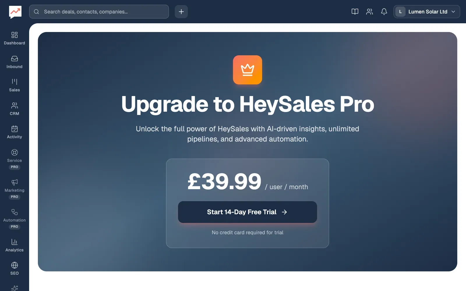The Upgrade page for a company on the Free plan: Upgrade to HeySales Pro, £39.99 / user / month, a Start 14-Day Free Trial button and No credit card required for trial. In the menu on the left, Service, Marketing and Automation each have a Pro label.