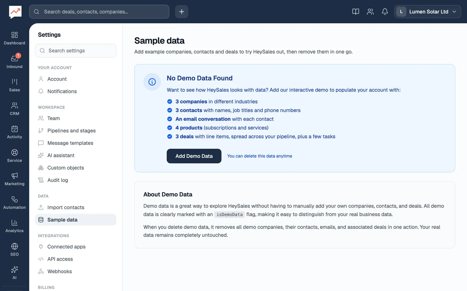 The Sample data settings page saying No Demo Data Found, with a list of what it would add (3 companies, 3 contacts, an email conversation with each contact, 4 products, and 3 deals with a few tasks) and an Add Demo Data button.