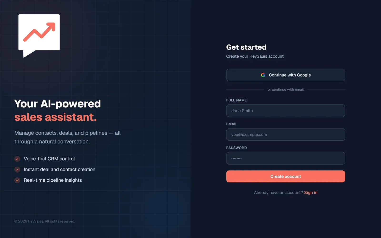 The Get started page for creating a HeySales account: a Continue with Google button, then Full name, Email and Password boxes and a Create account button, with a Sign in link for people who already have an account. The left half has the HeySales logo and the line Your AI-powered sales assistant.