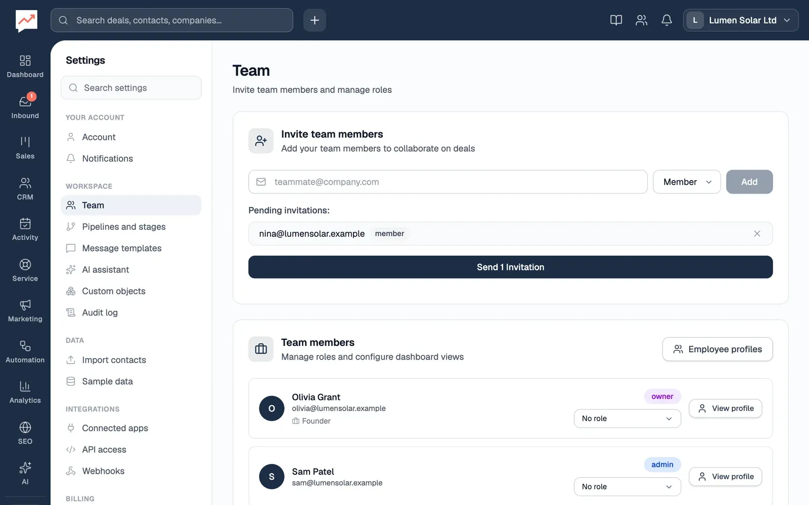 Settings, Team: under Invite team members are an empty email box, a role list set to Member and an Add button, then Pending invitations with nina@lumensolar.example as a member and a Send 1 Invitation button. Below, Team members, with an Employee profiles button, starts with Olivia Grant (owner, Founder) and Sam Patel (admin), each with their email address, a sales role list showing No role and a View profile button.
