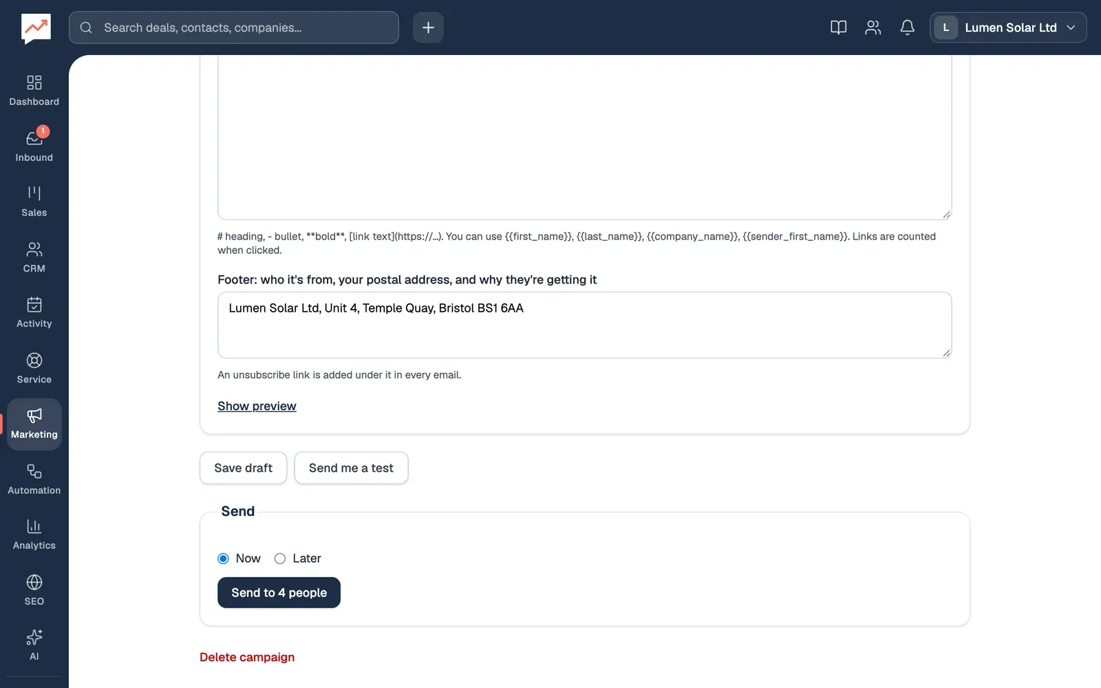 Under the Battery storage evening email and footer: a Show preview button, Save draft and Send me a test buttons, and the Send box with Now chosen and a Send to 4 people button.