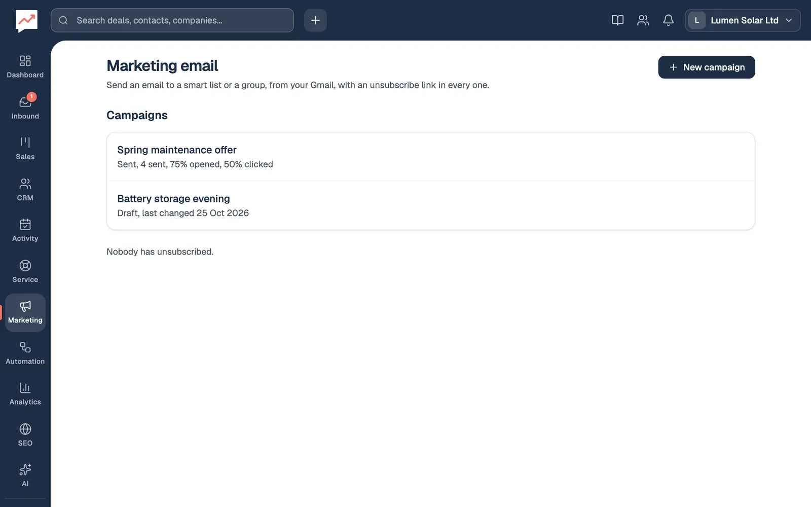 The Marketing email page: a New campaign button and two campaigns. Spring maintenance offer: sent, 4 sent, 75% opened, 50% clicked. Battery storage evening: a draft, with the date it was last changed. Under them: Nobody has unsubscribed.