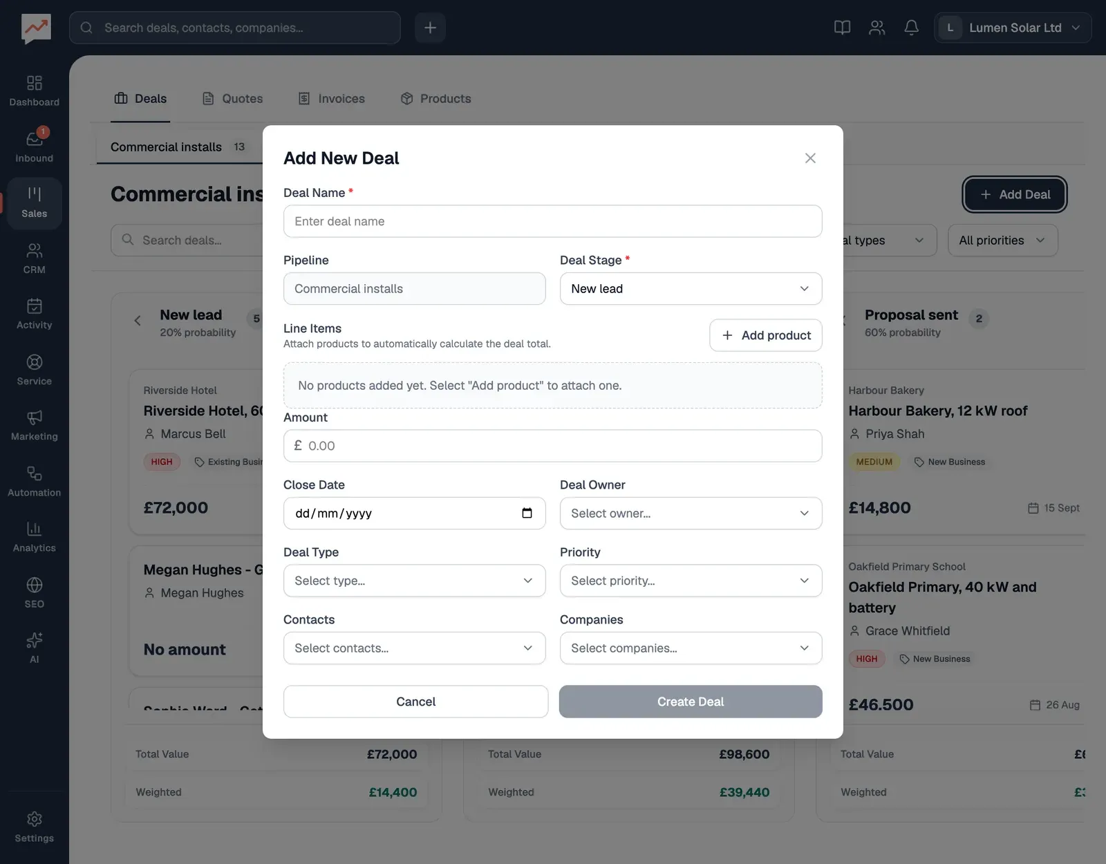The Add New Deal form over the board: an empty Deal Name, the Commercial installs pipeline, Deal Stage set to New lead, Line Items with an Add product button, Amount, Close Date, Deal Owner, Deal Type, Priority, Contacts and Companies, then Cancel and Create Deal.