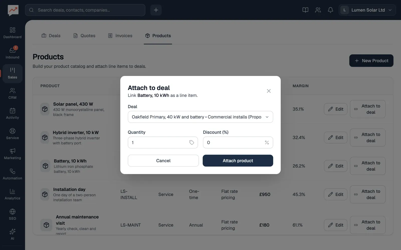The Attach to deal form for Battery, 10 kWh: the Deal list set to Oakfield Primary, 40 kW and battery in Commercial installs, at Proposal sent, Quantity 1 and Discount (%) 0, with Cancel and Attach product buttons.
