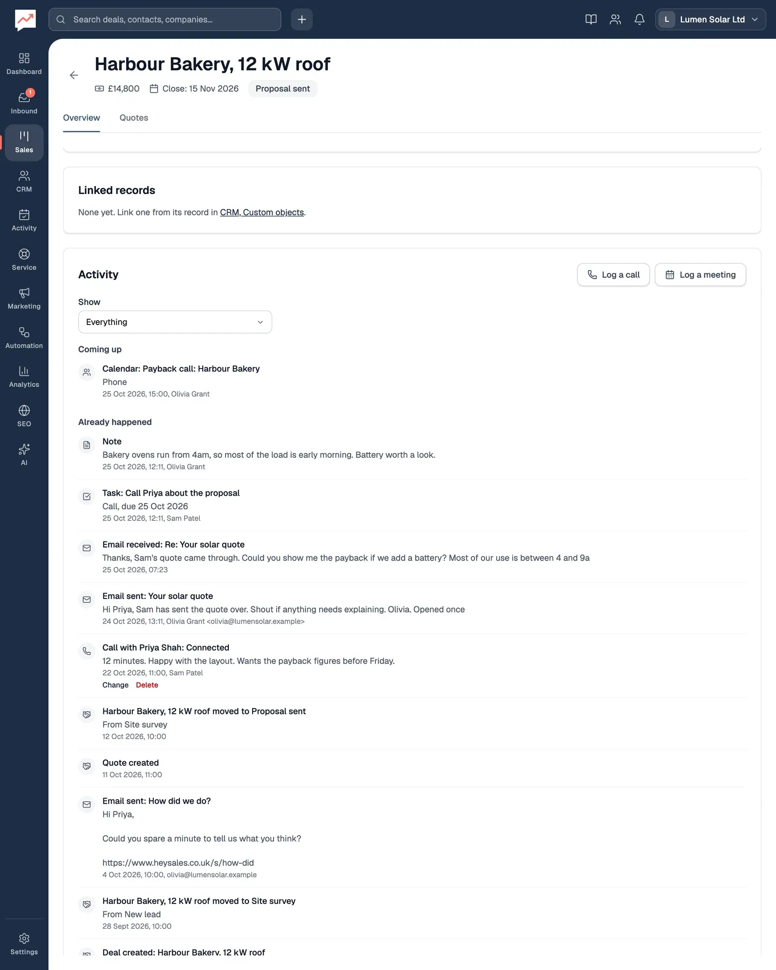 The Harbour Bakery, 12 kW roof page scrolled down past Linked records (none yet) to Activity, with Log a call, Log a meeting and Show set to Everything, then Coming up: today's Payback call with Harbour Bakery in the calendar. Under Already happened, newest first: a note on Priya Shah, the task Call Priya about the proposal, two emails about her solar quote, Sam's connected call with her, the deal moving to Proposal sent from Site survey, Quote created, a How did we do? email, the move to Site survey from New lead and Deal created.