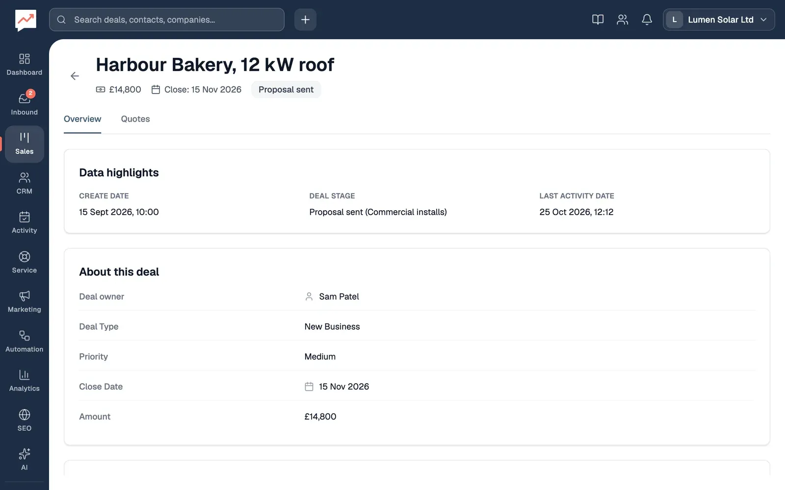 The page for Harbour Bakery, 12 kW roof: its amount of £14,800, close date and the stage Proposal sent under its name, Overview and Quotes tabs, then Data highlights with its create date, stage and pipeline, and About this deal with Sam Patel as the deal owner, the type New Business and the priority Medium.