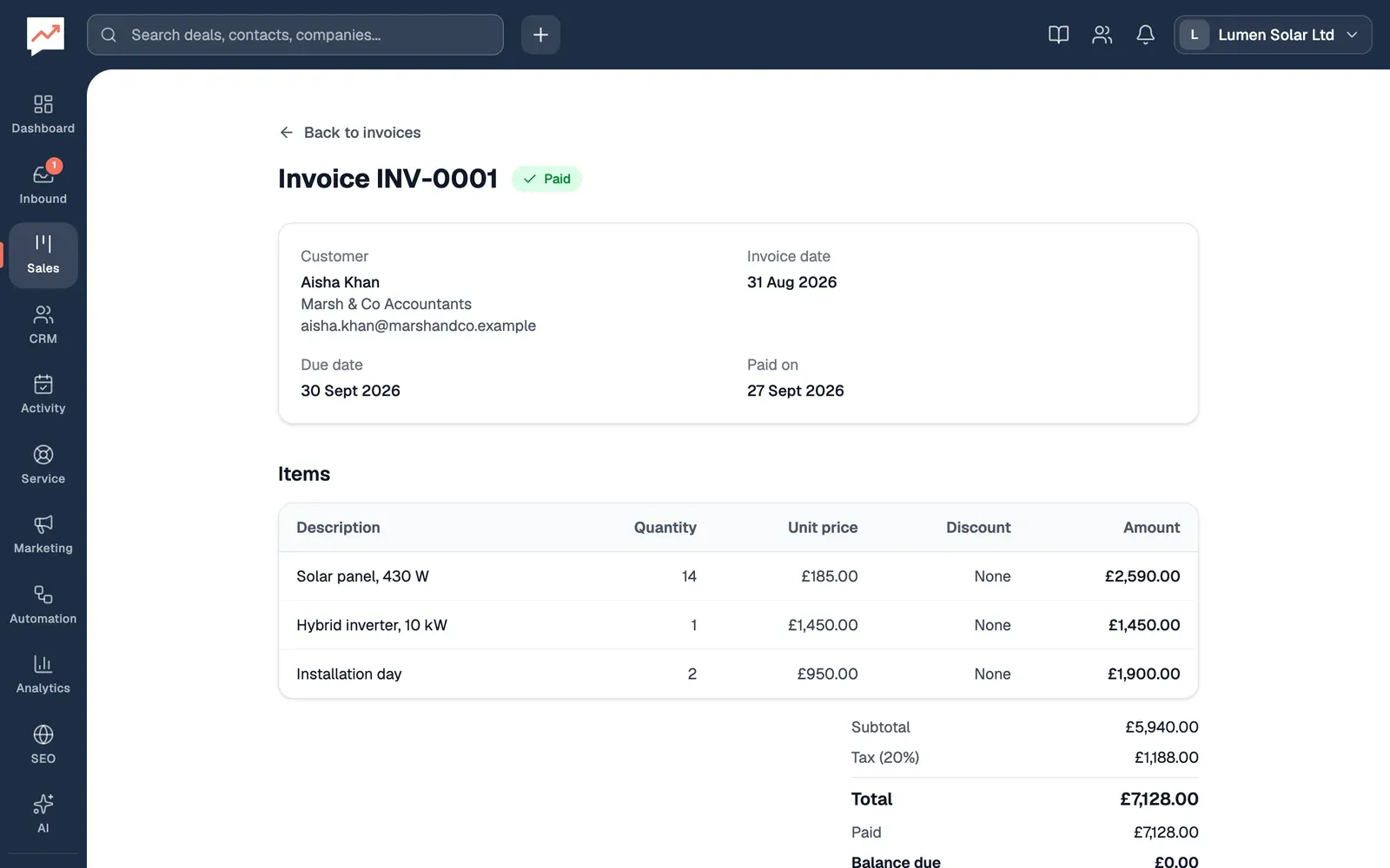 Invoice INV-0001, marked Paid: customer Aisha Khan of Marsh & Co Accountants, dated 31 Aug 2026, due 30 Sept 2026 and paid on 27 Sept 2026, then Items (14 solar panels, a hybrid inverter and two installation days) with a Subtotal of £5,940.00, Tax (20%) of £1,188.00, a Total of £7,128.00, Paid £7,128.00 and Balance due £0.00.