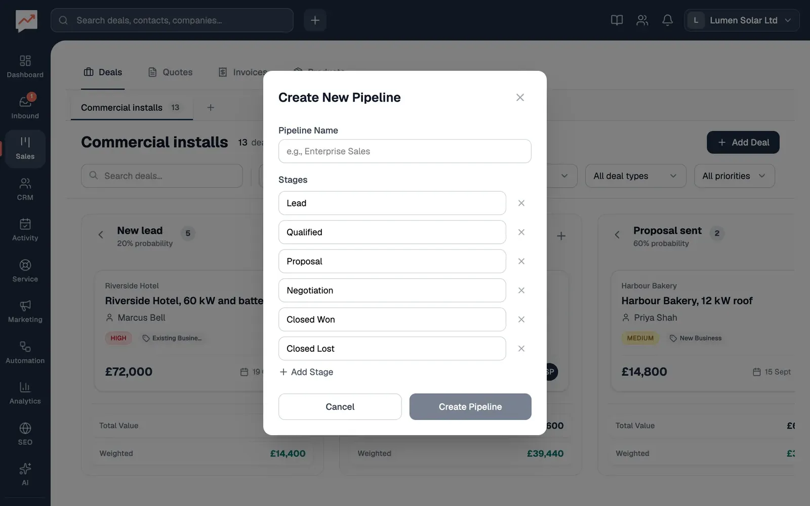 The Create New Pipeline form over the deal board: an empty Pipeline Name, then the stages Lead, Qualified, Proposal, Negotiation, Closed Won and Closed Lost, each with a button to remove it, an Add Stage button, and Cancel and Create Pipeline.