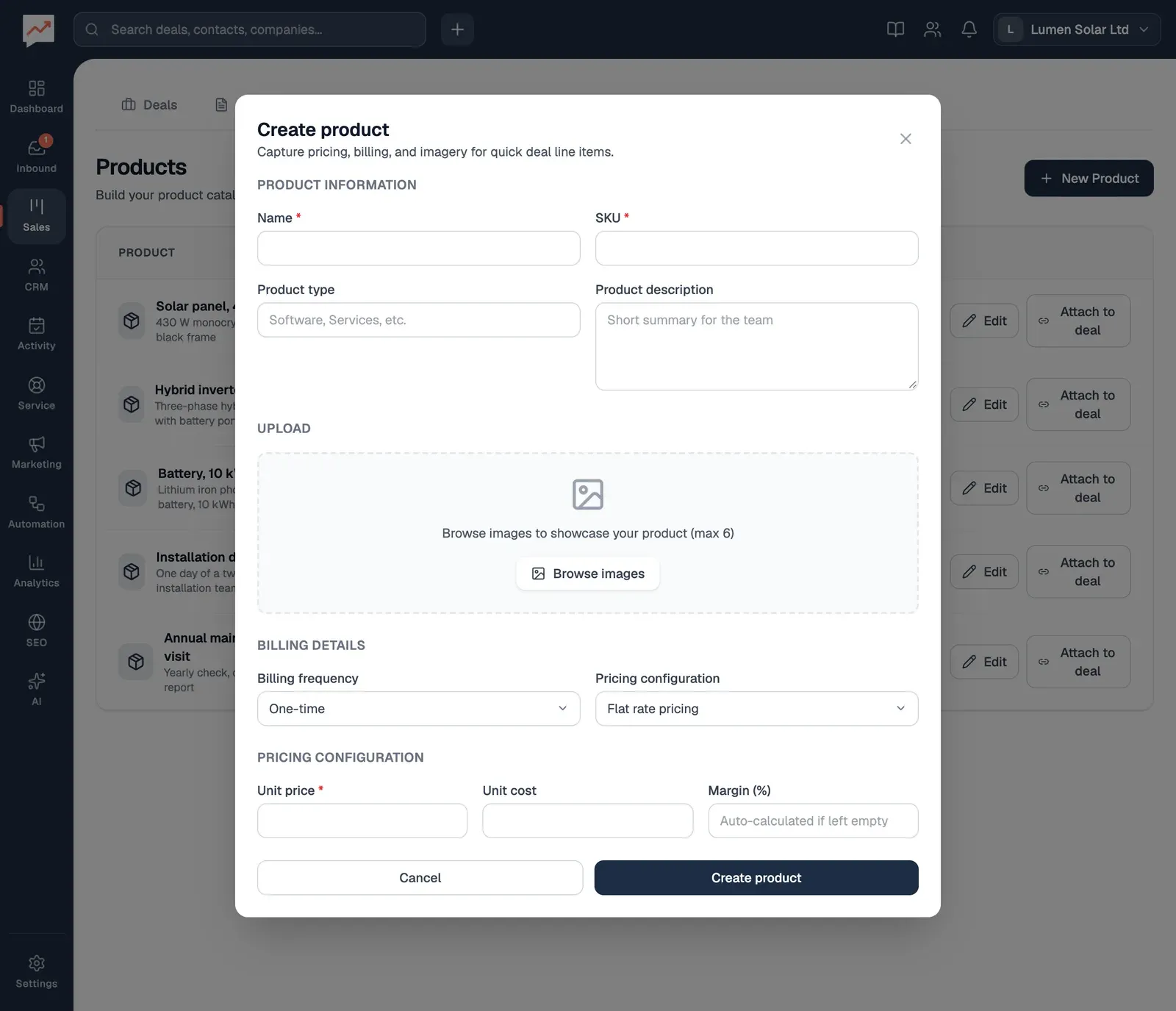 The Create product form: Name, SKU, Product type and Product description, an Upload section for images, Billing frequency set to One-time and Pricing configuration set to Flat rate pricing, then Unit price, Unit cost and Margin (%), with Cancel and Create product buttons.