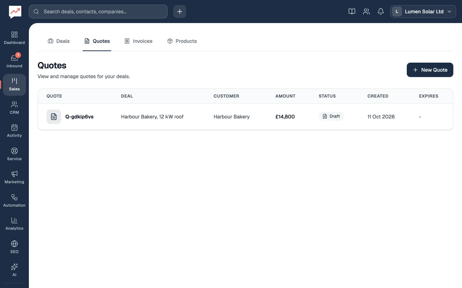 The Quotes tab: one quote, for the deal Harbour Bakery, 12 kW roof, with Harbour Bakery as the customer, an amount of £14,800, the status Draft and the date it was created. A New Quote button is above the table.