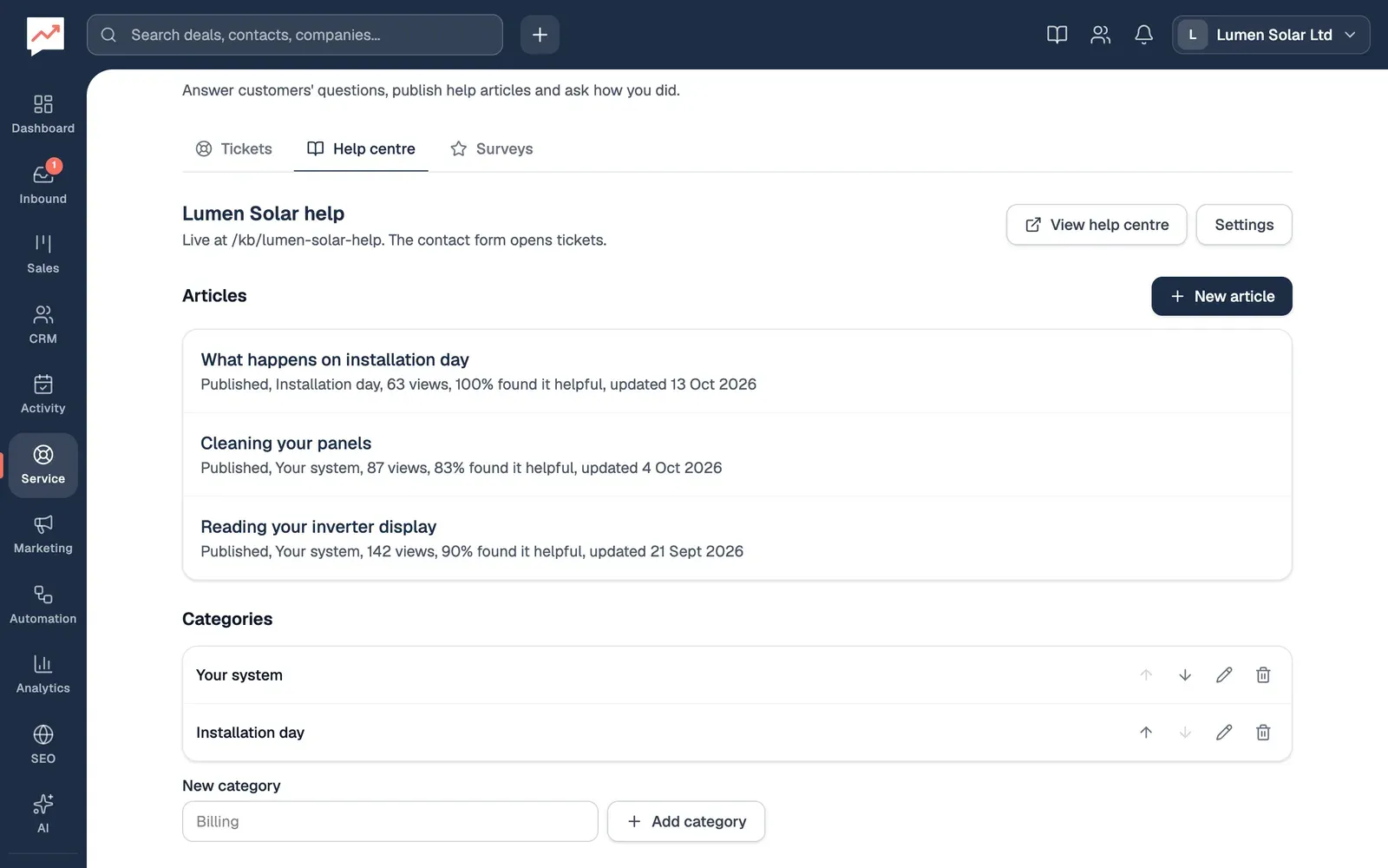 The bottom of the Help centre tab: the three articles, then Categories with Your system above Installation day, each row ending in up and down arrows, a pencil and a bin, and an empty New category box with an Add category button.