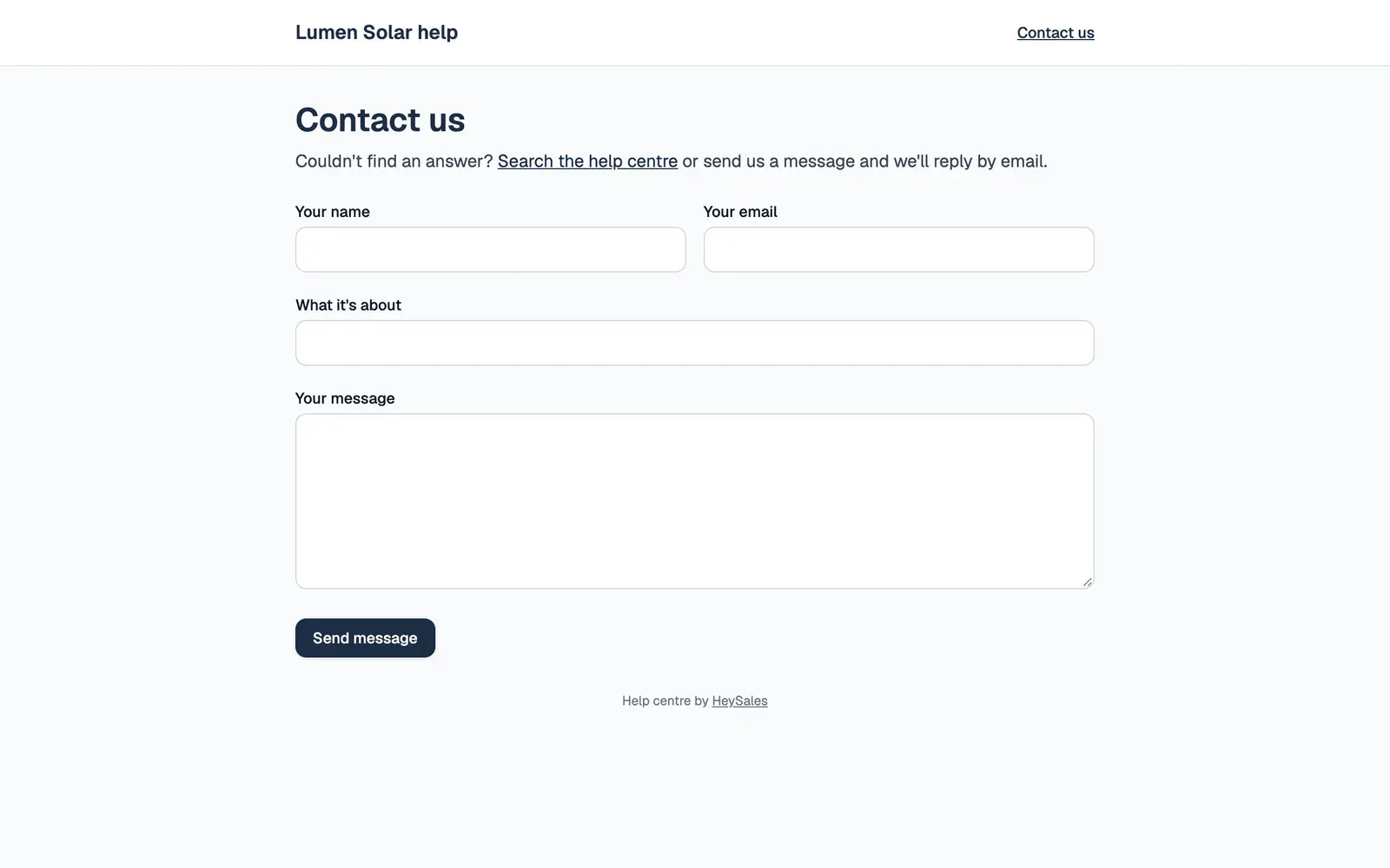 The public Contact us page for Lumen Solar help: a link back to search the help centre, and boxes for Your name, Your email, What it's about and Your message, with a Send message button.