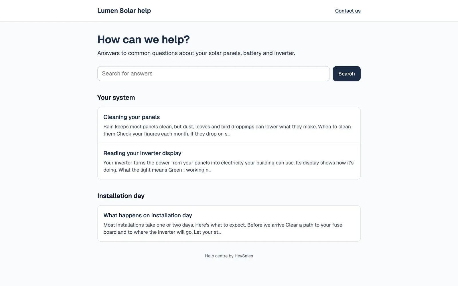 The public Lumen Solar help home page: How can we help?, the welcome text and a search box, then Cleaning your panels and Reading your inverter display under Your system, and What happens on installation day under Installation day, each with its first lines, and a Contact us link at the top.