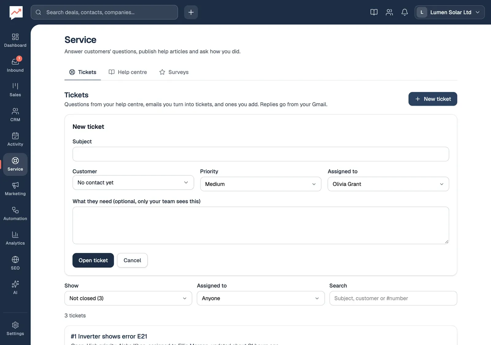 The New ticket form above the ticket list: an empty Subject box, Customer set to No contact yet, Priority set to Medium, Assigned to set to Olivia Grant, and an empty box for what the customer needs, with Open ticket and Cancel buttons.
