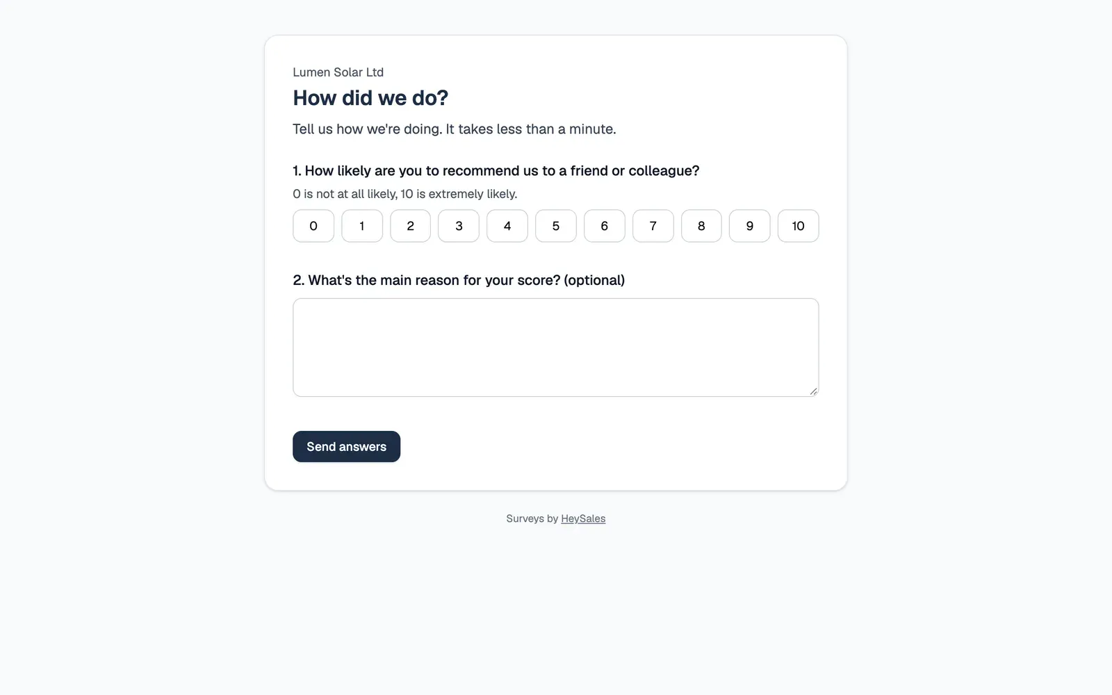 The public How did we do? survey from Lumen Solar Ltd, with its introduction: question 1 asks how likely you are to recommend them, with buttons from 0 to 10, and question 2, optional, asks the main reason for your score, then a Send answers button.