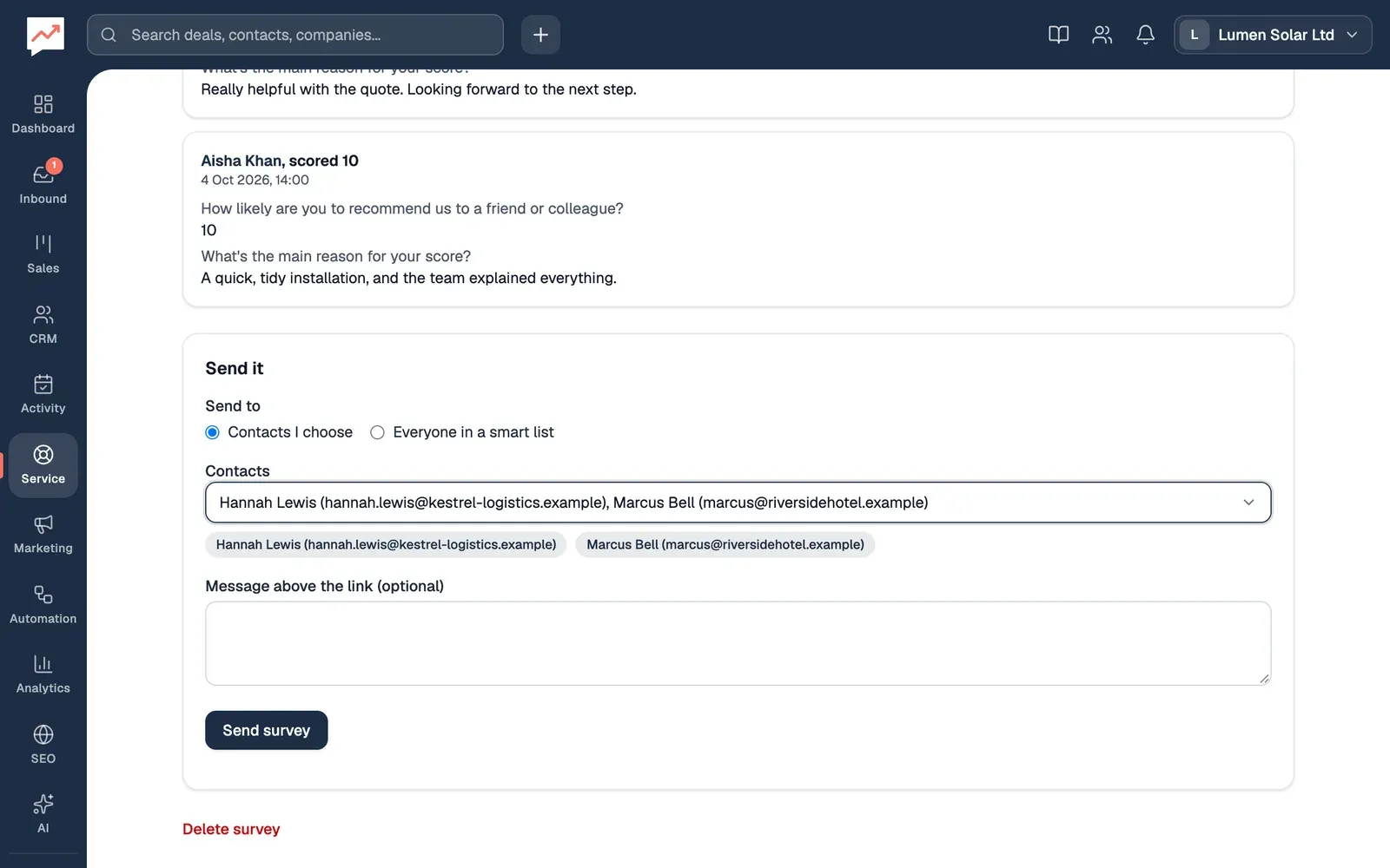 The Send it box on the How did we do? survey: Send to with Contacts I choose and Everyone in a smart list, a contact picker with Hannah Lewis and Marcus Bell chosen, a box for a message above the link, and a Send survey button.