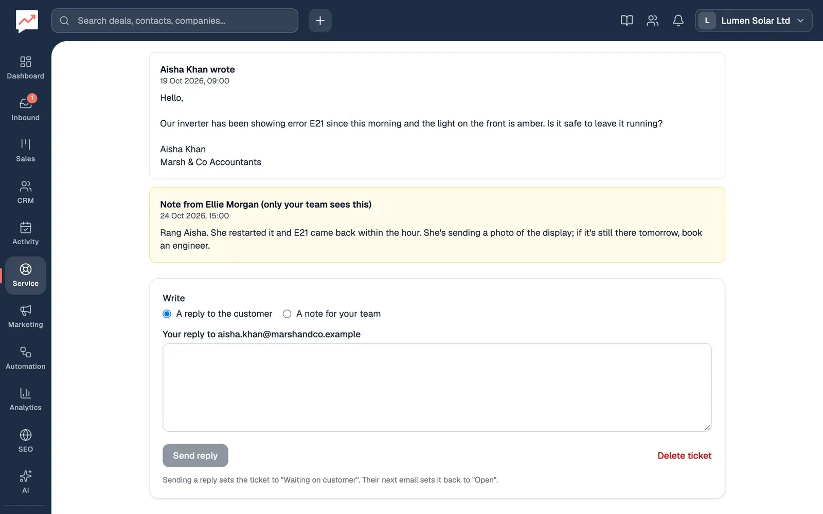 Under Aisha Khan's message and Ellie Morgan's note on ticket #1, the Write box: A reply to the customer is chosen, an empty box labelled Your reply to aisha.khan@marshandco.example, a greyed-out Send reply button and a Delete ticket link.