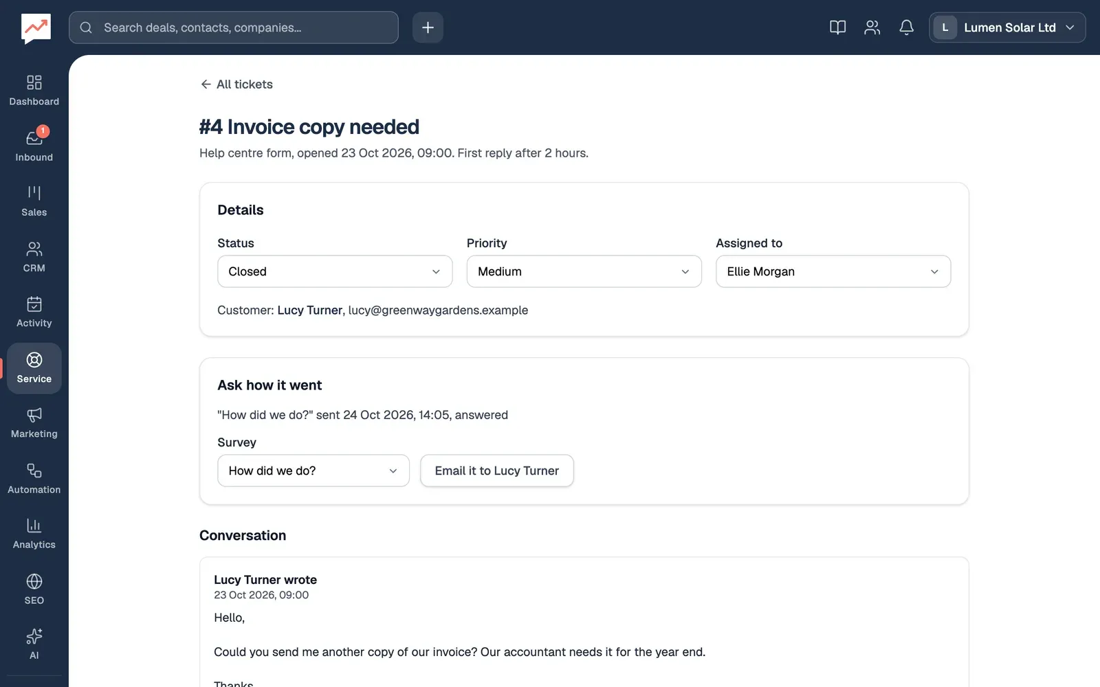 Closed ticket #4, Invoice copy needed, from Lucy Turner. Its Ask how it went box says How did we do? was already sent and answered, with a Survey list set to How did we do? and an Email it to Lucy Turner button.