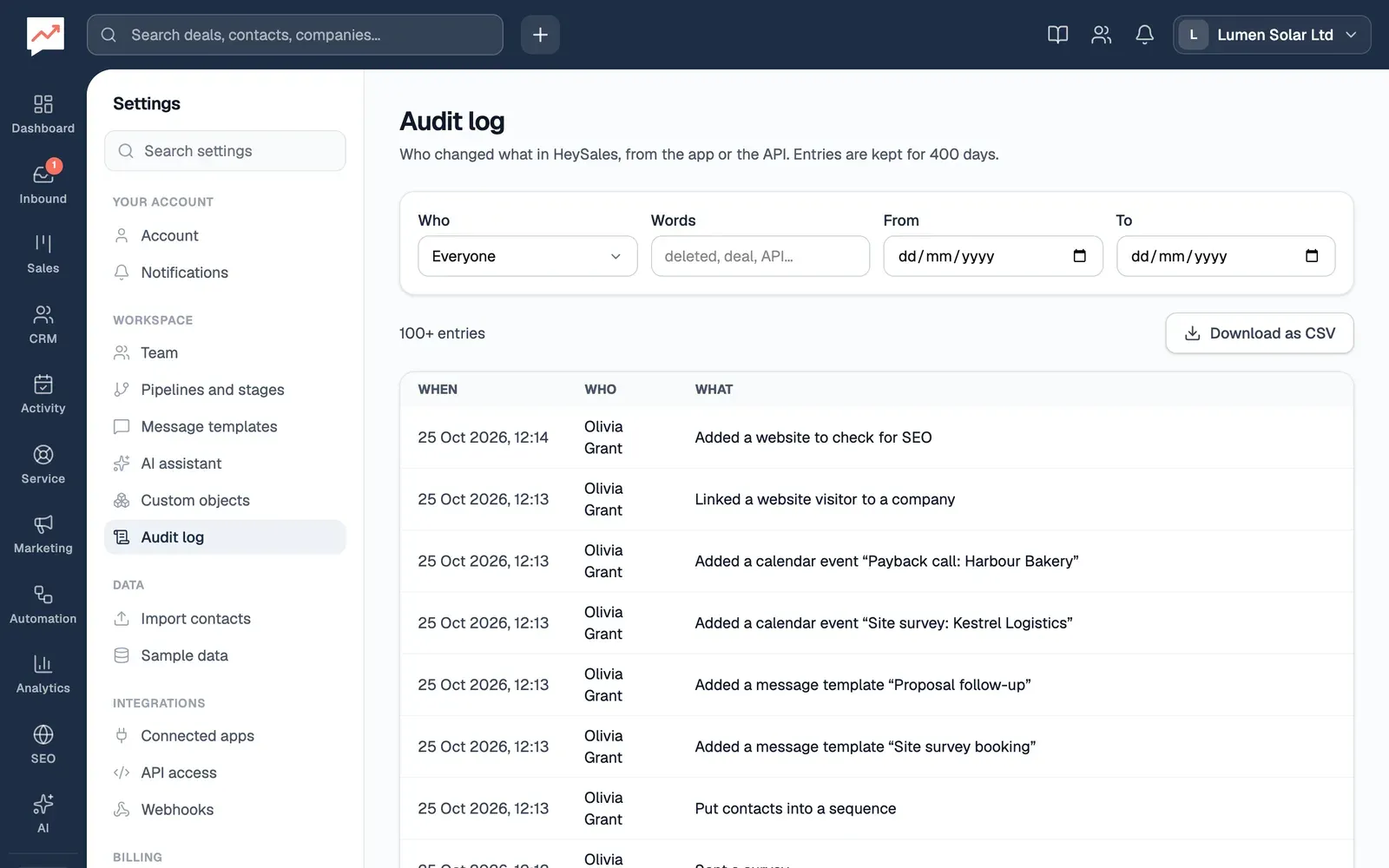 The Audit log page: filters for who, words and dates above a table of more than 100 changes, newest first, each with when it happened, who made it (here Olivia Grant) and what it was, such as adding a calendar event or a message template.
