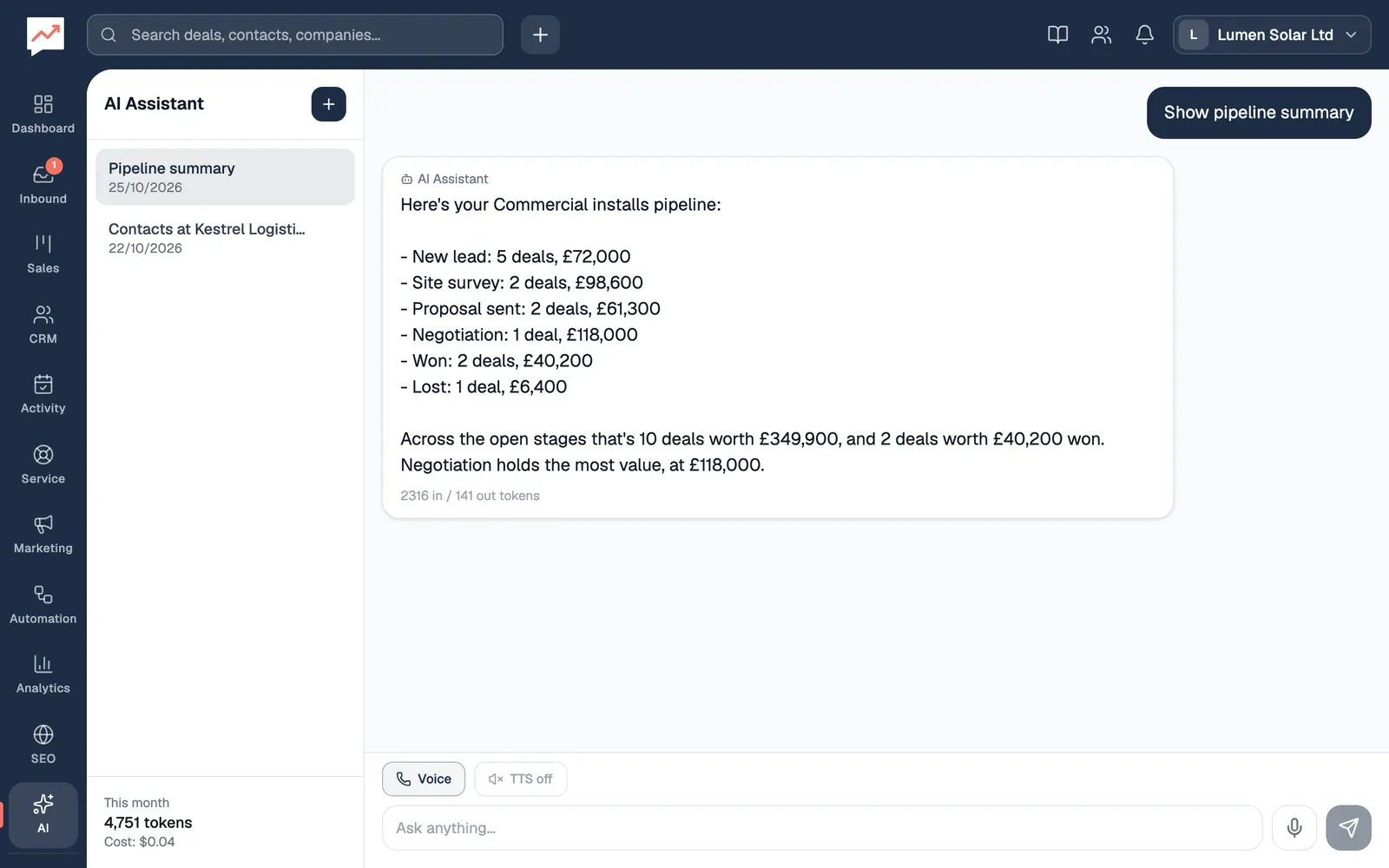 Olivia's chat Pipeline summary in the AI assistant: her question, Show pipeline summary, and the answer listing each stage of the Commercial installs pipeline, from New lead (5 deals, £72,000) to Lost (1 deal, £6,400), with 10 open deals worth £349,900. Her two chats, Pipeline summary and Contacts at Kestrel Logistics, are on the left, and the message box is at the bottom.
