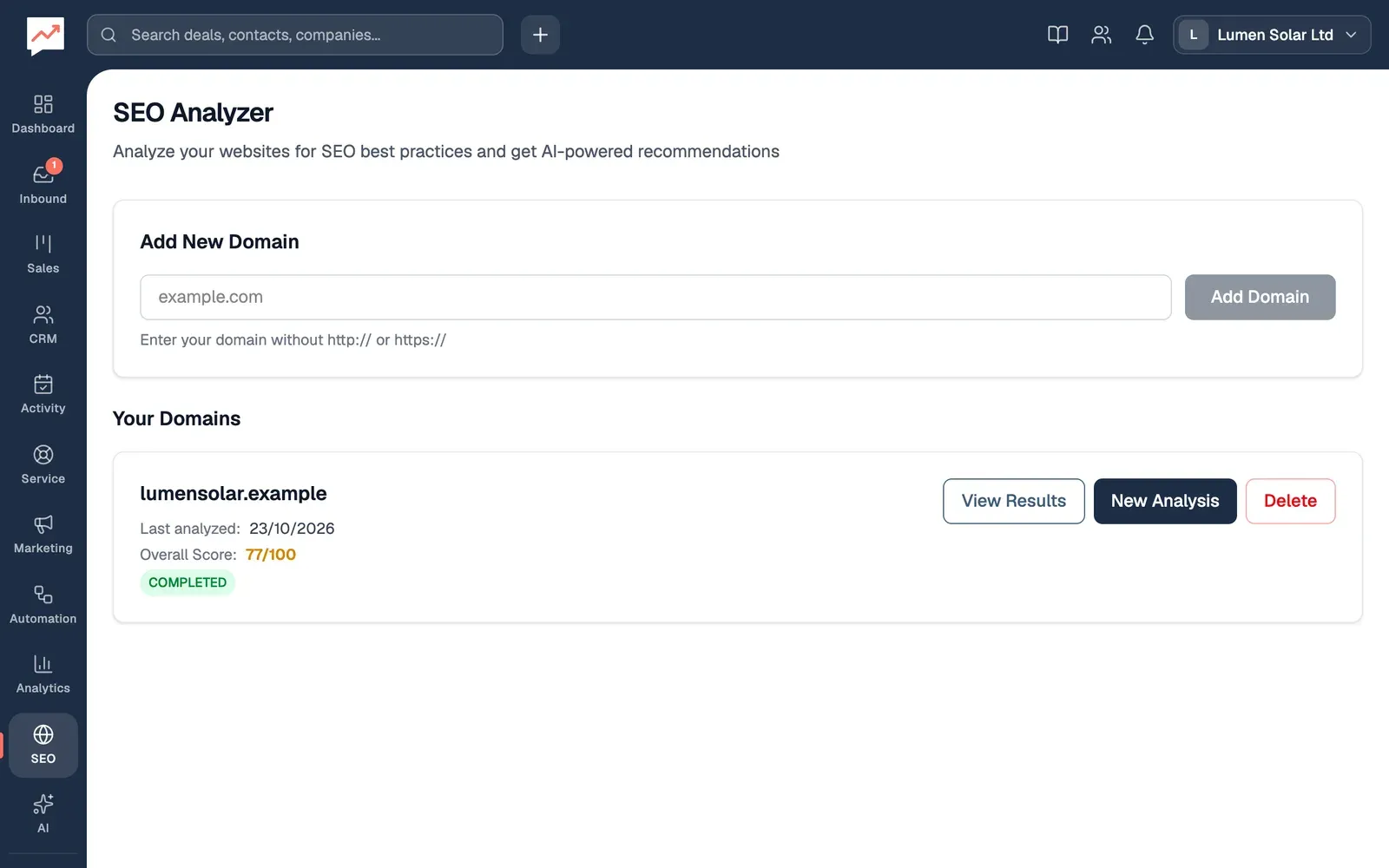 The SEO Analyzer page: a box to add a new domain, and under Your Domains, lumensolar.example with the date it was last analysed, an overall score of 77 out of 100 and the status COMPLETED.