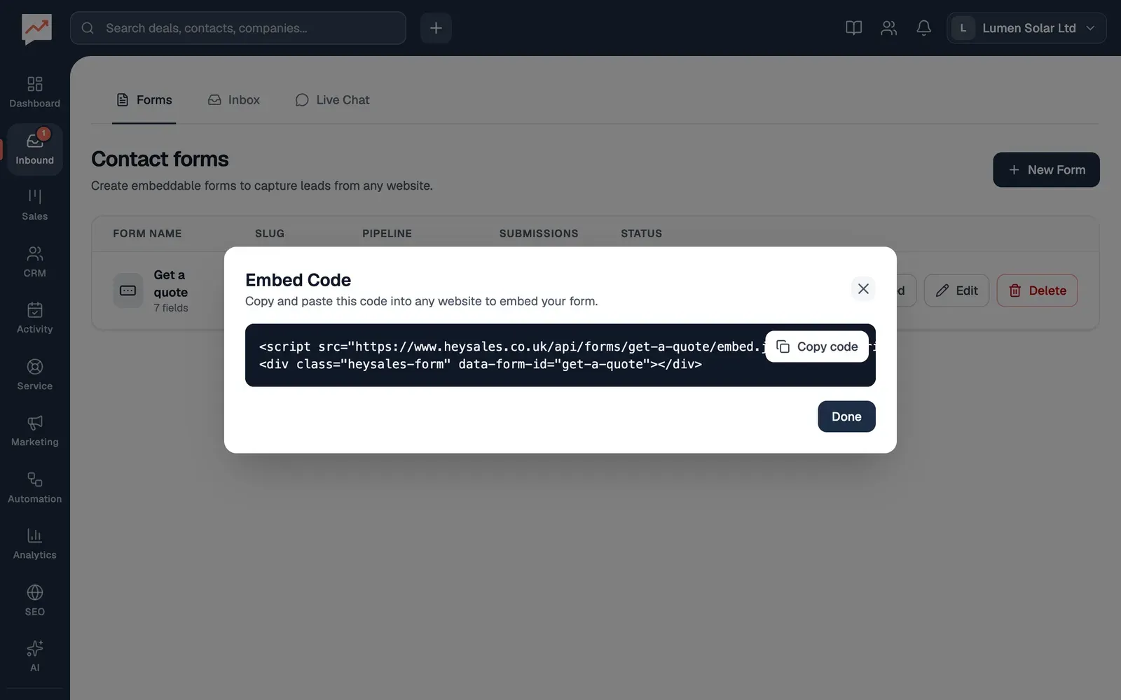 The Embed Code window for Get a quote, showing two lines of code, a script tag and a div, with a Copy code button and a Done button.