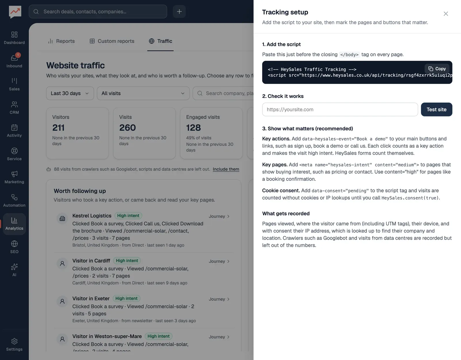 The Tracking setup panel over the Traffic tab: 1. Add the script, with the script tag and a Copy button; 2. Check it works, with a box for your site's address and a Test site button; 3. Show what matters, on key actions, key pages and cookie consent; and What gets recorded.
